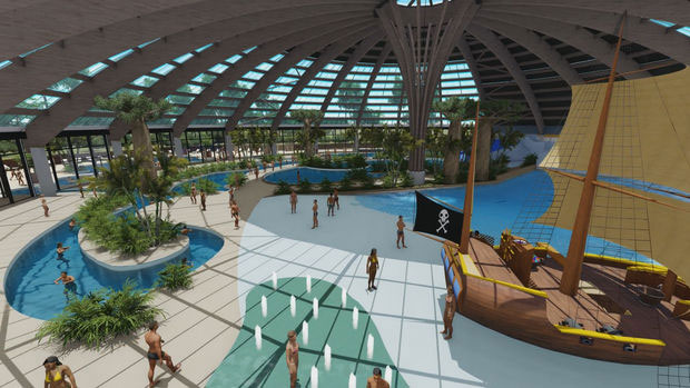 Prachtig nieuw overdekt zwembadpark met lazy river en golfslagbad