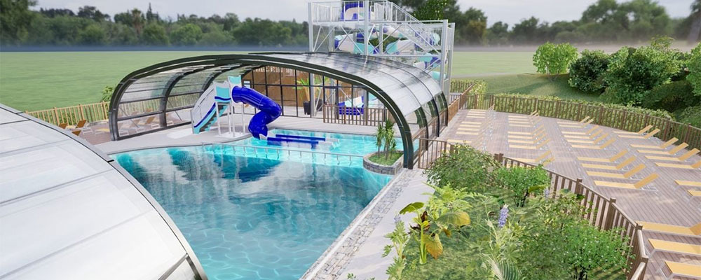 Nieuw deels overdekt zwembad, waterglijbanen op camping Lac des Vieilles Forges