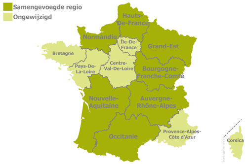 Frankrijk - nieuwe en ongewijzigde regios sinds 1 jan 2016