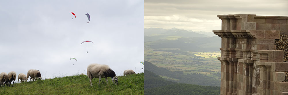 Schapen,paragliders en tempels van Mercurius op Puy de Dôme